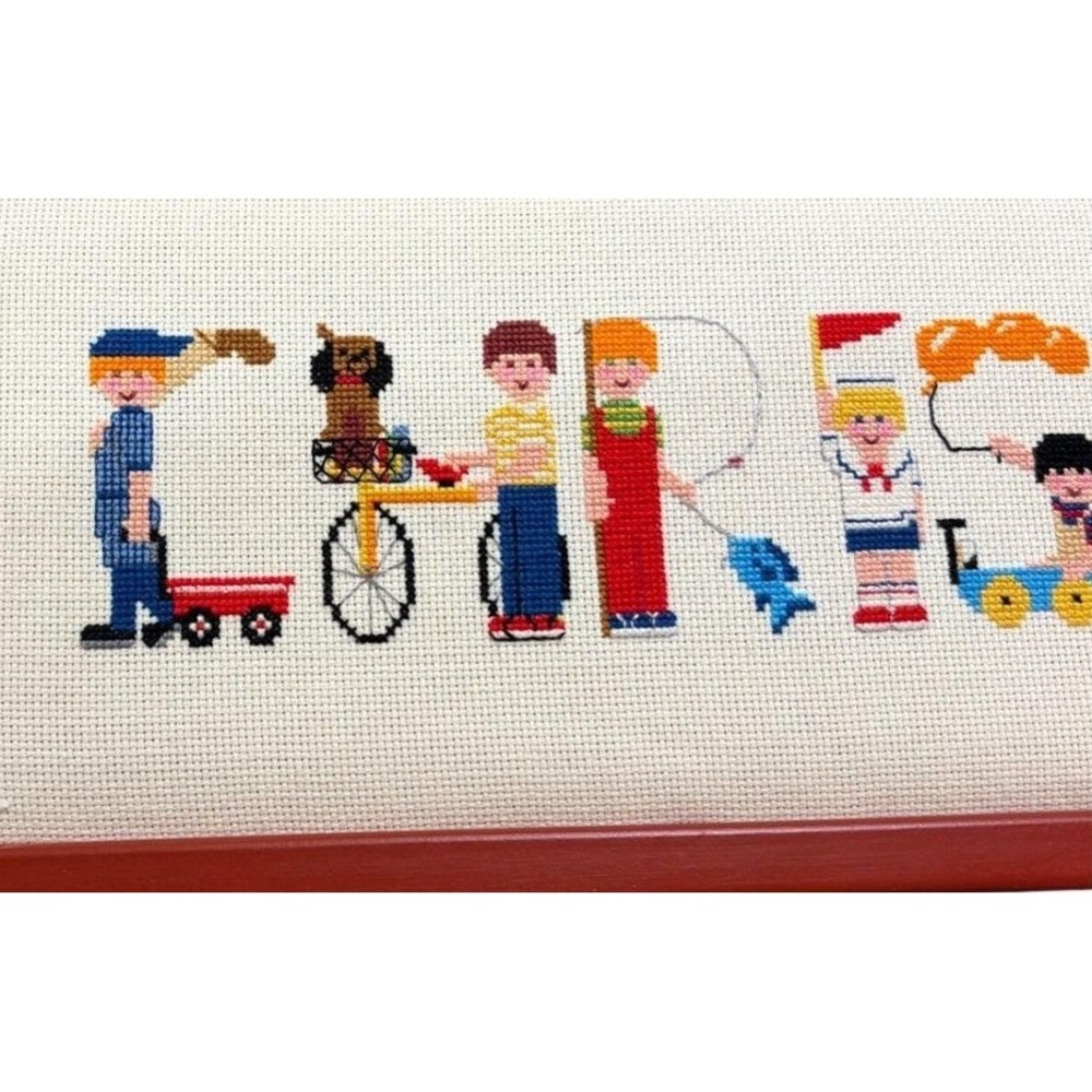 Vintage Handmade Cross Stitch Name CHRISTOPHER Framed Nursery Wall Decor 1980s